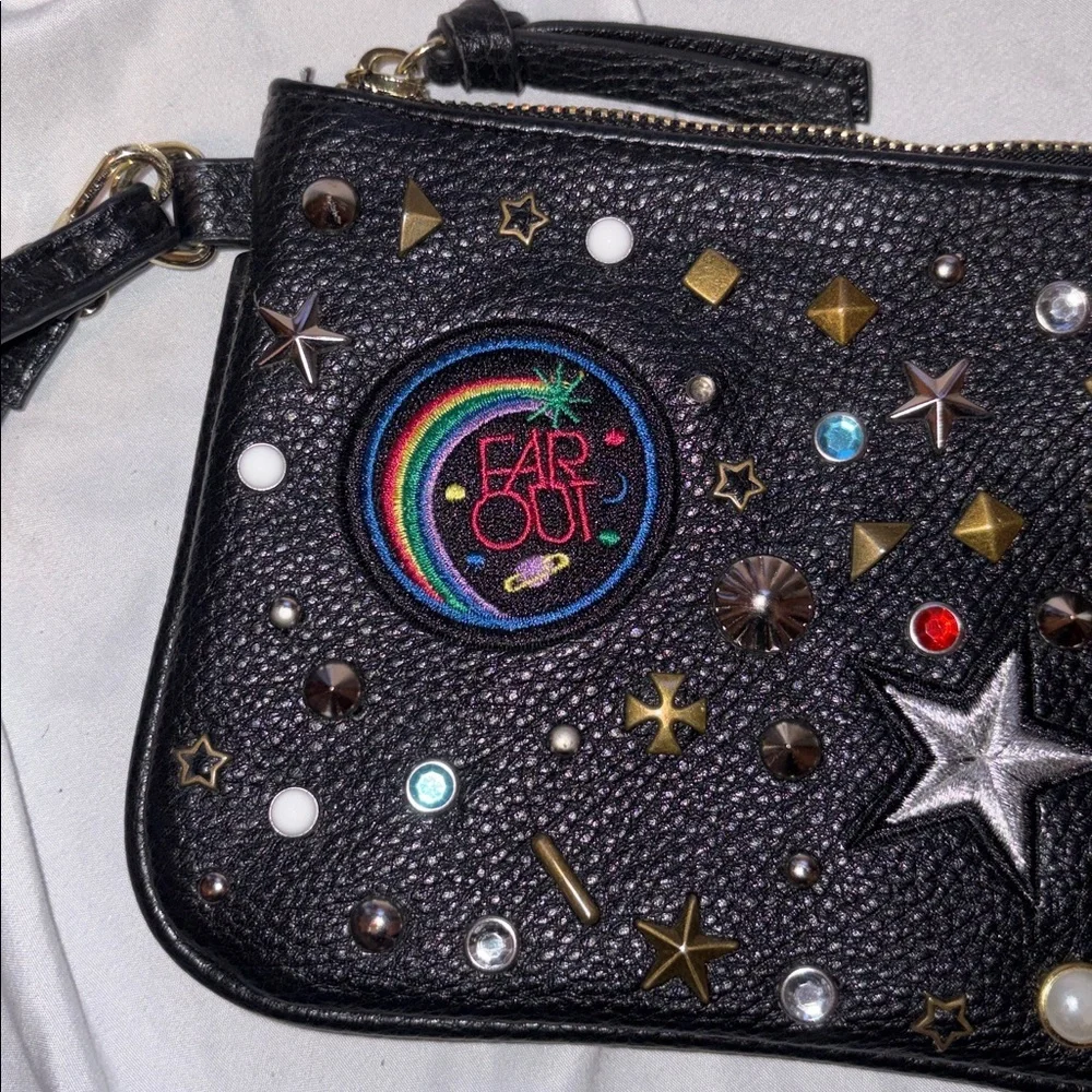 Steve Madden Far Out Space Studded Star Patch Rainbow Rhinestone Black Wristlet